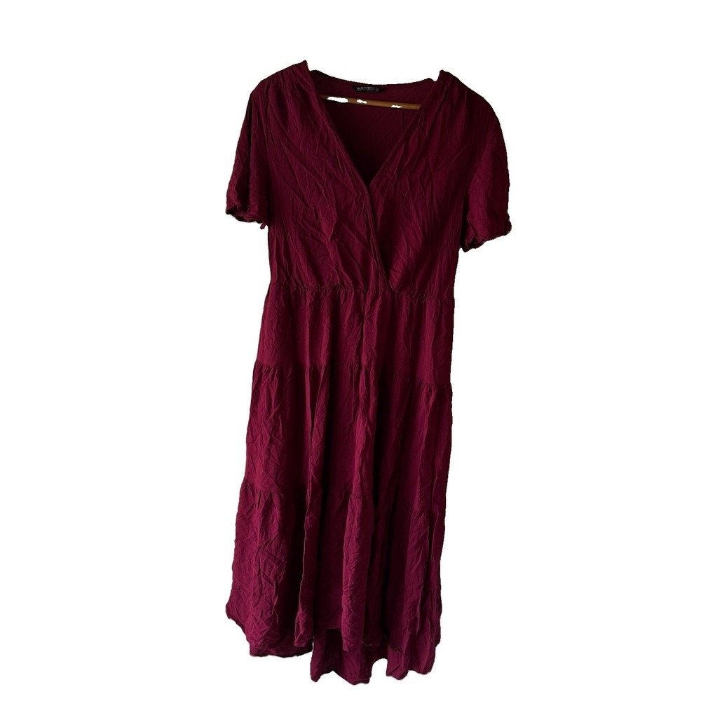 BloomChic Dress 12 Burgundy Rayon Faux Wrap Short Sleeve Tiered Maxi Surplice